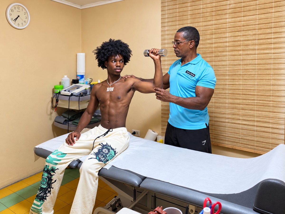 Doctor in blue shirt examines young shirtless male patient in medical examination room