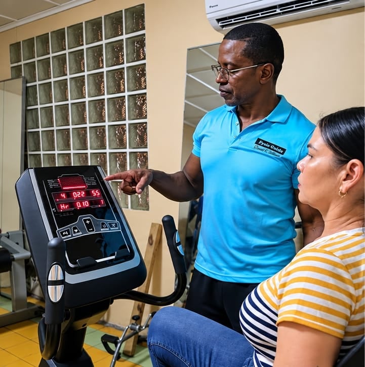 Fitness instructor in blue polo demonstrating exercise bike settings to a woman in striped shirt at a gym